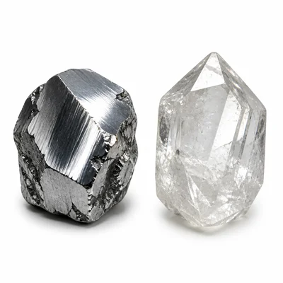 Two minerals showing metallic and glassy luster.