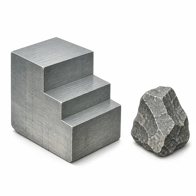 A mineral with flat cleavage planes compared with an irregular fracture.
