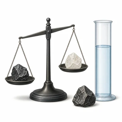 Equal-sized minerals on a balance scale showing different mass.