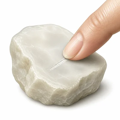 A fingernail scratching a soft pale mineral.