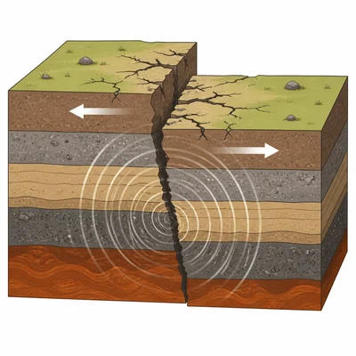 Diagram of two rock blocks moving along a fault and seismic waves spreading outward.