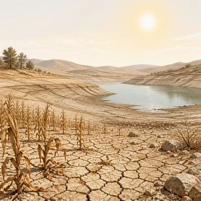 Drought scene with cracked soil, wilted crops, and a low reservoir.