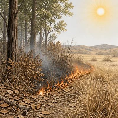 Dry vegetation during drought with a small flame beginning to spread.