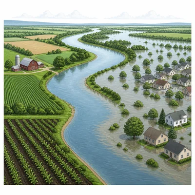 Homes and farms on a river floodplain showing fertile land and flood risk.
