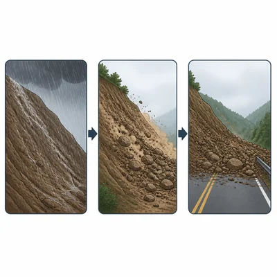 Sequence showing rain soaking a slope, a landslide forming, and mud blocking a road.