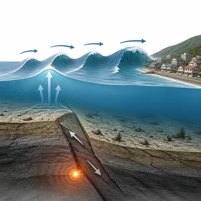 Underwater earthquake generating large waves moving toward a coastal town.