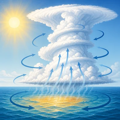 Warm ocean water and rising moist air forming a rotating storm system.