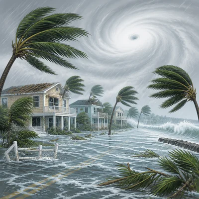 Hurricane winds, rain, flooding, and damage in a coastal community.