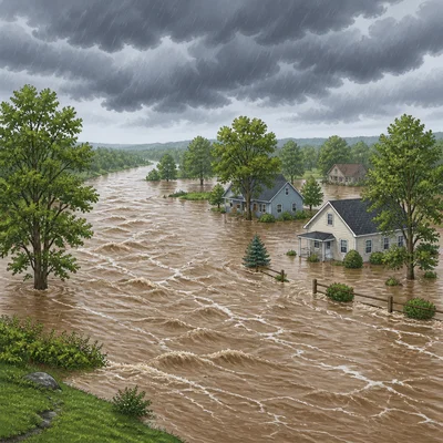 A river overflowing its banks and flooding nearby land after heavy rain.