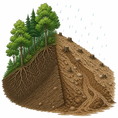 Forested slope with roots holding soil compared to a cleared slope with soil sliding downhill.