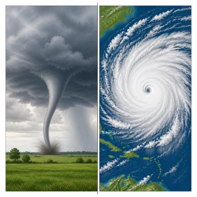 Comparison image of a tornado over land and a hurricane over warm ocean water.