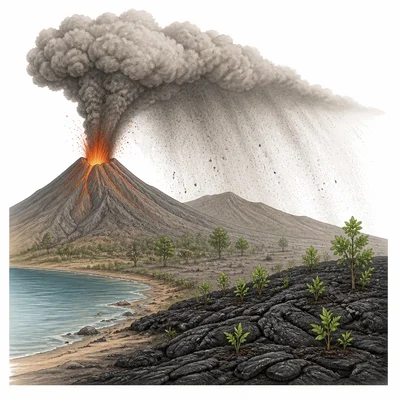 Volcano eruption with ash cloud, ashfall, lava rock, and new plant growth nearby.