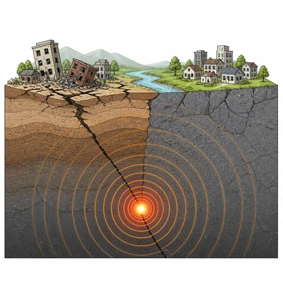 Earthquake waves affecting two towns differently because of distance and ground type.