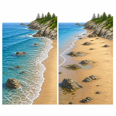 Two shoreline views showing higher and lower ocean water levels.