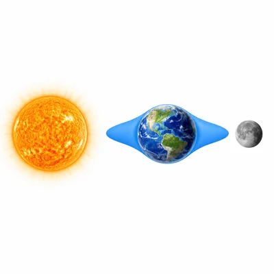 Sun, Earth, and Moon lined up with large ocean tide bulges.