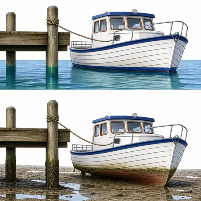 A boat beside a dock at high tide and later at low tide.