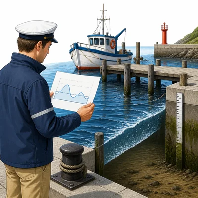A person using a tide chart near a dock and boat.