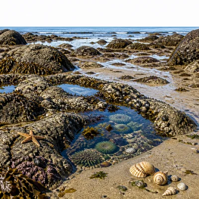 Low tide exposing rocks and tide pools along the shore.