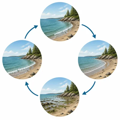 A repeating cycle of high tide and low tide along a shore.