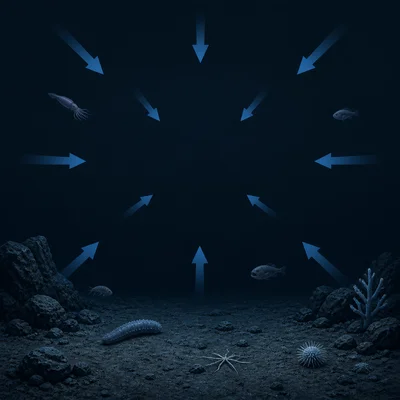 Dark abyssal seafloor with sparse animals and pressure arrows.