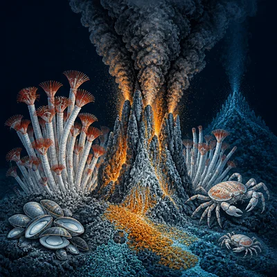 Hydrothermal vent ecosystem with deep-sea animals around warm vents.