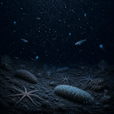 Living organisms on a dark abyssal seafloor with marine snow falling.