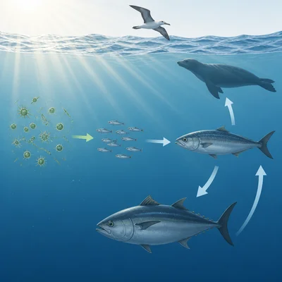 Sunlit surface ocean food web with plankton, small fish, and larger animals.