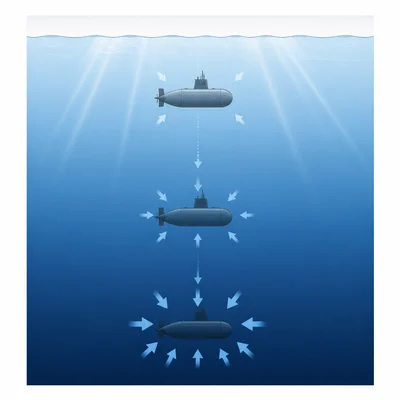 Submarine descending into darker water with increasing pressure arrows.