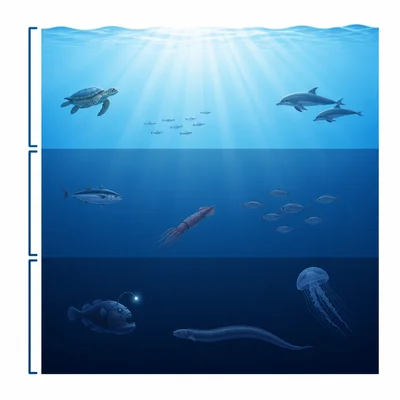 Three unlabeled ocean depth bands from bright surface to dark deep water.