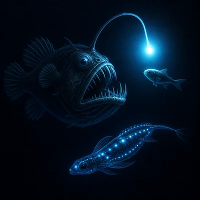 Deep-sea animals glowing with bioluminescence in dark water.