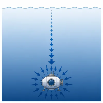 Underwater organism surrounded by pressure arrows increasing with depth.