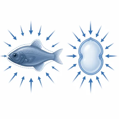 Soft deep-sea fish compared with a squeezed air-filled sac under pressure.