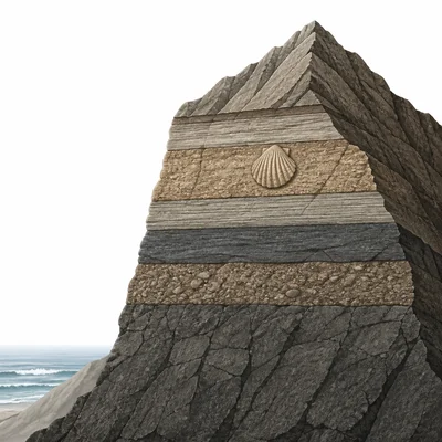 A fossil seashell embedded in layered rock near the top of a mountain.