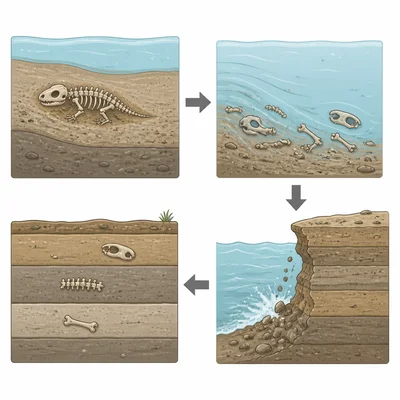 A diagram showing how burial, scattering, and erosion can leave gaps in the fossil record.