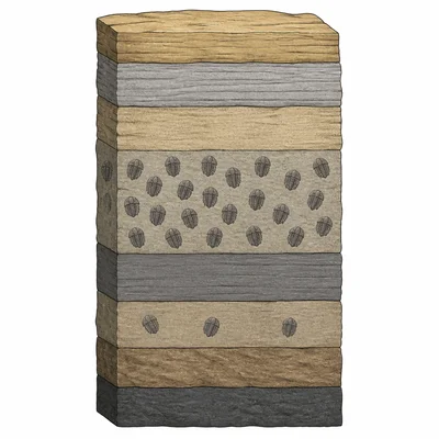 A fossil species appears rarely in lower layers, commonly in middle layers, and disappears in upper layers.