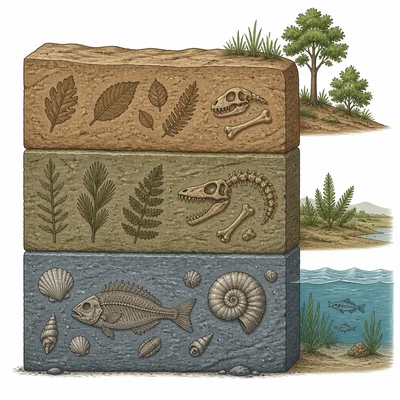 Different fossils in rock layers showing that environments and life changed over time.