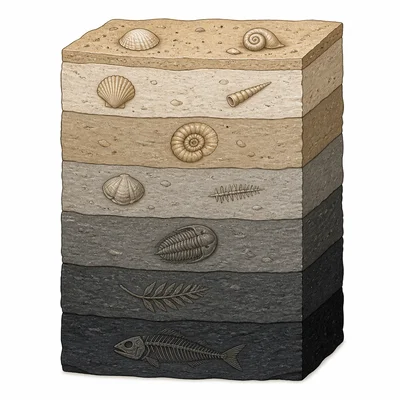 A stack of sedimentary rock layers with fossils at different depths.