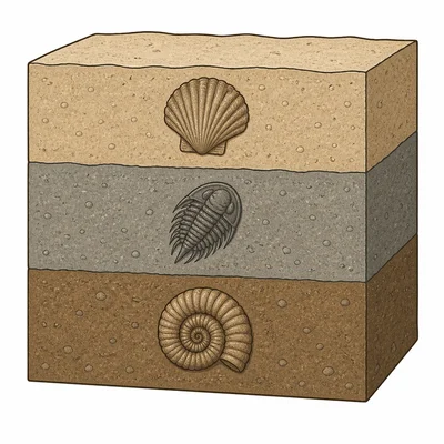 Three rock layers with one fossil in the bottom, middle, and top layer.