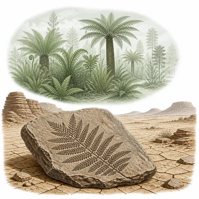 A fern fossil in desert rock with a hint of a past lush environment.