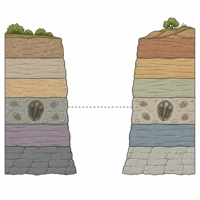 Two distant rock layers containing the same fossil, suggesting matching ages.