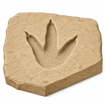 A fossilized footprint impression preserved in sandstone.