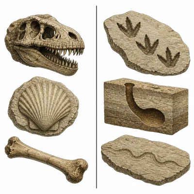 Examples of body fossils and trace fossils shown side by side.