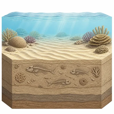 Fish fossils, coral fossils, and ripple marks in a shallow marine rock layer.