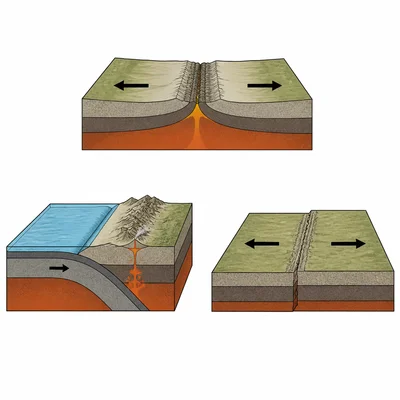 Three plate boundary types shown with arrows: spreading, subduction, and side-by-side sliding.