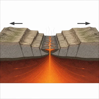 Divergent boundary with a central rift valley, faults, high heat, and basaltic lava.
