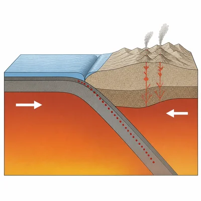 Subduction zone with earthquakes becoming deeper inland along the descending slab.
