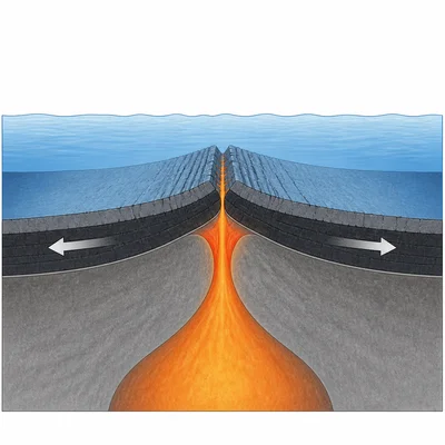 Mid-ocean ridge with plates moving apart and magma rising to form new crust.