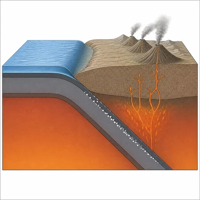 Oceanic plate subducting beneath a continent, forming a trench and continental volcanoes.