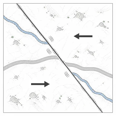Two plates slide past each other along a transform fault with offset surface features.