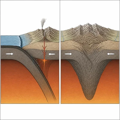 Comparison of oceanic-continental subduction with continental-continental collision mountains.